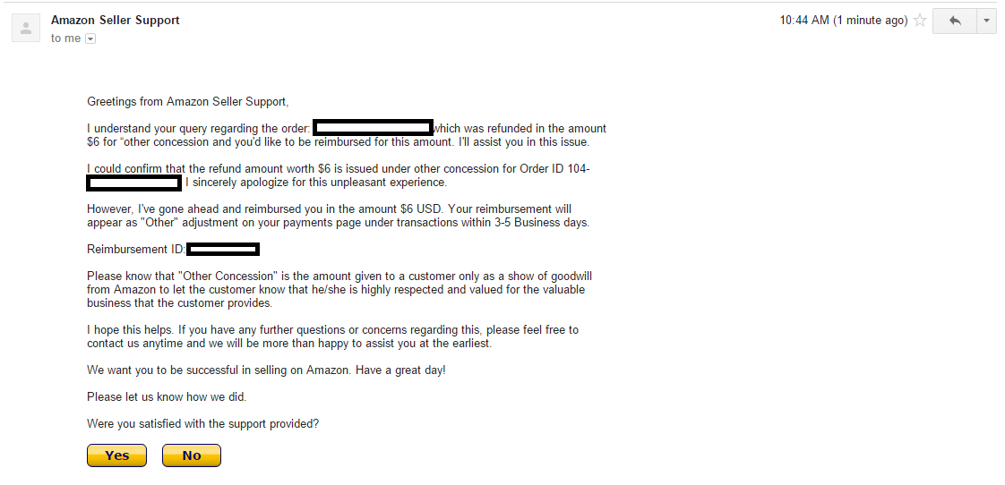 Confirmation email of reimbursement
