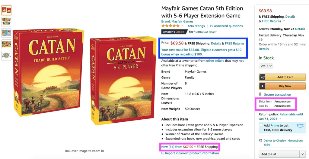 Amazon in Buy Box even when there are lower priced sellers for Settlers of Catan bundle.