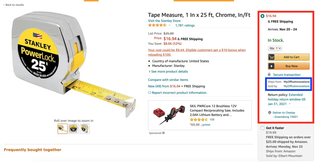 Location of Amazon Buy Box on desktop product page (right)