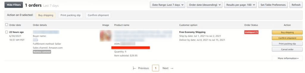 Example of an Unshipped Order in Amazon Seller Central
