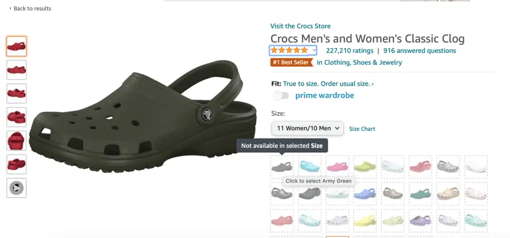 Screenshot of Out of Stock Crocs on Amazon
