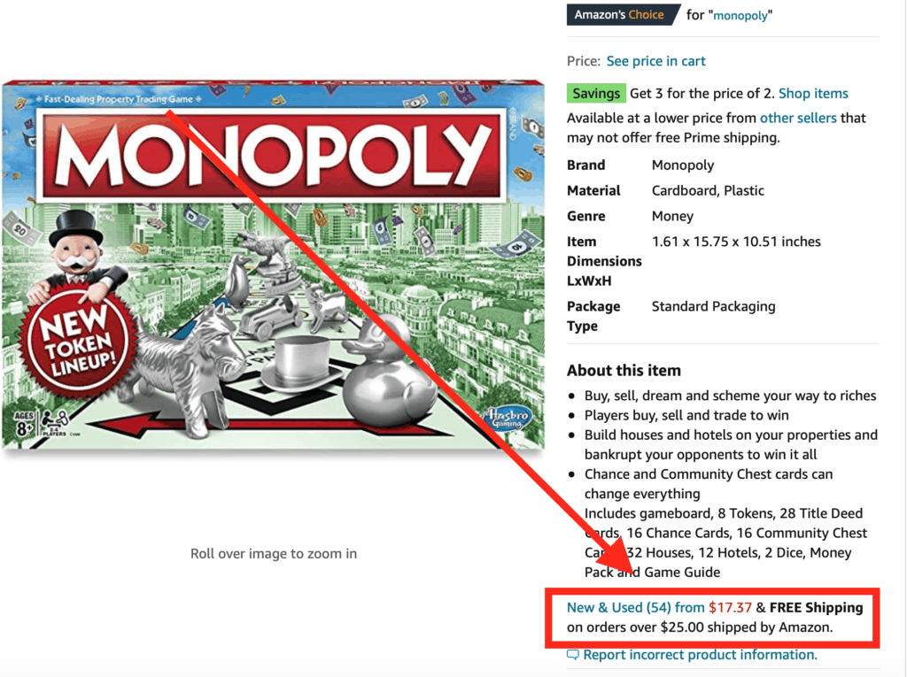All Amazon Sellers share a listing for the same product. Screenshot of an example of this with Monopoly.
