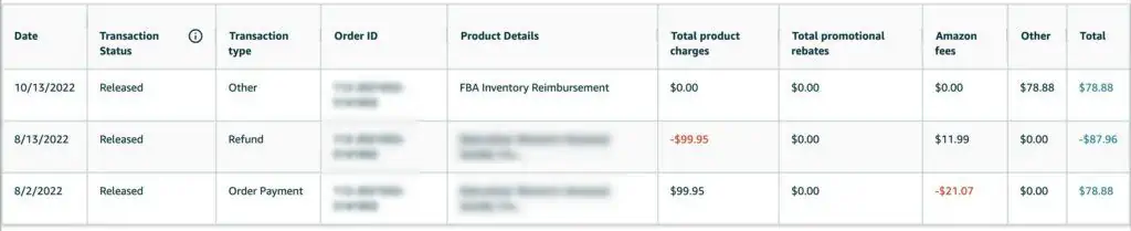 Screenshot of Amazon FBA payout on a customer returned order that was reimbursed. 